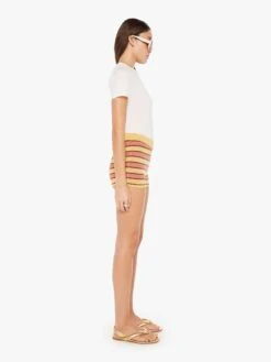 High Waisted Blissful Bootie Short - Mustard Brown Stripe -Mother Denim 4522 1500 MUB VW B FullBodySide 3749