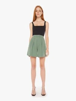 The Pleated Chute Prep Short - Hedge Green -Mother Denim 4702 1292 HDG VW A FullBodyFront 4136 5eb48b0c 345b 484b 8af0 1daa5d663178