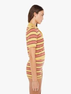 The Hot Under The Collar Top - Mustard Brown Stripe -Mother Denim 81286 1500 MUB VW B WaistUpSide 3753