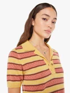 The Hot Under The Collar Top - Mustard Brown Stripe -Mother Denim 81286 1500 MUB VW E Detail 3791